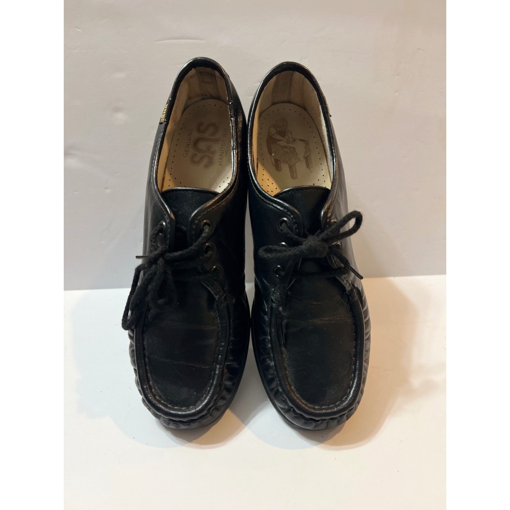 SAS Siesta Womens 7.5 M Black Leather Lace Up Loafers Handsewn Comfort Shoes USA